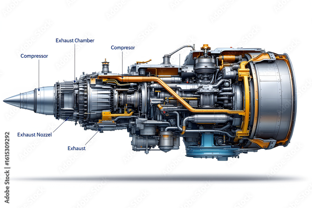 Turbofan Jet Engine Detailed Internal Components on White Background Turbofan Jet Engine Detailed Internal Components on White Background