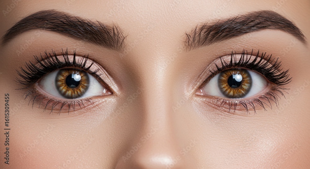 Naklejka premium Close-up of two symmetrical eyes with intricate detail. Deep-set, golden-brown irises are framed by thick, dark lashes and perfectly arched brows