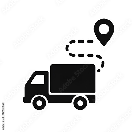 delivery truck with route indicated by dotted line to location pin