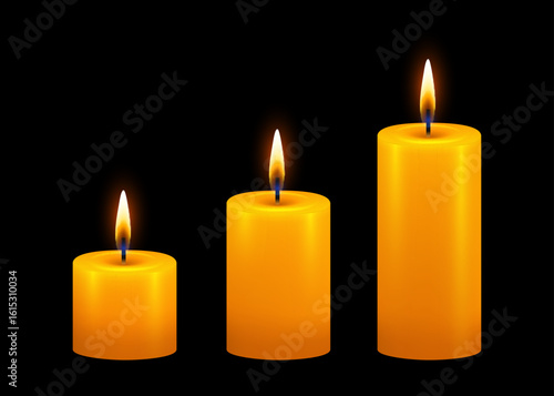 Burning candle. Yellow candle with golden flame on dark background.