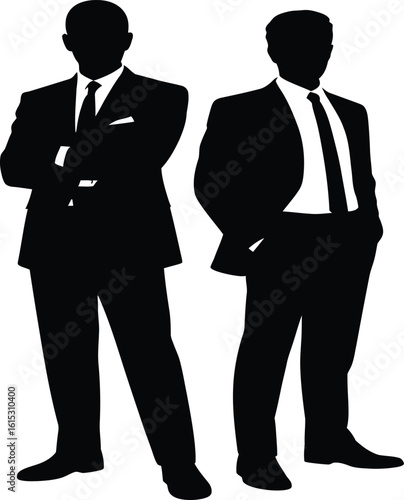 Two confident business leaders standing tall in a modern silhouette, embodying corporate power and teamwork for leadership and success