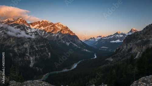 Panoramic Mountain Range at Golden Hour with River Valley