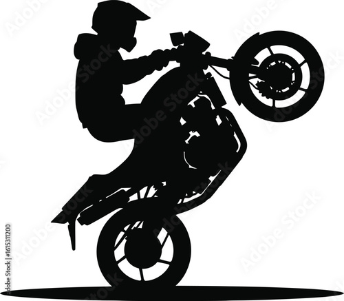 Dynamic Silhouette of a Motorcyclist Performing a Wheelie, Showcasing Skill and Precision in a Bold, Striking Design on white background