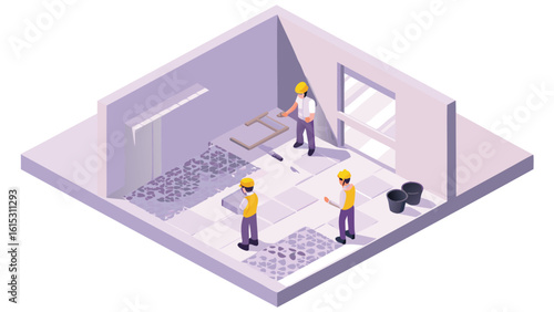 Isometric view of workers installing floor tiles in a room with buckets and doorway present here