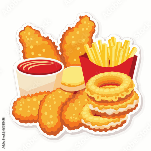 Vector Stickers of Fried Chicken, Nuggets, Fries, Onion Rings and Dipping Sauce ? Fast Food Icons (2).eps