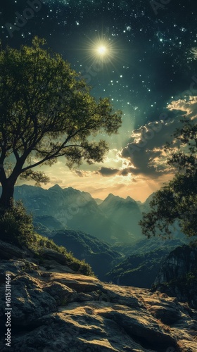 Mountain Landscape at Dusk with Starry Sky and Clouds