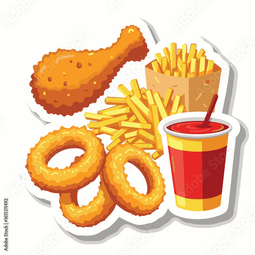 Vector Stickers of Fried Chicken, Nuggets, Fries, Onion Rings and Dipping Sauce ? Fast Food Icons (3).eps