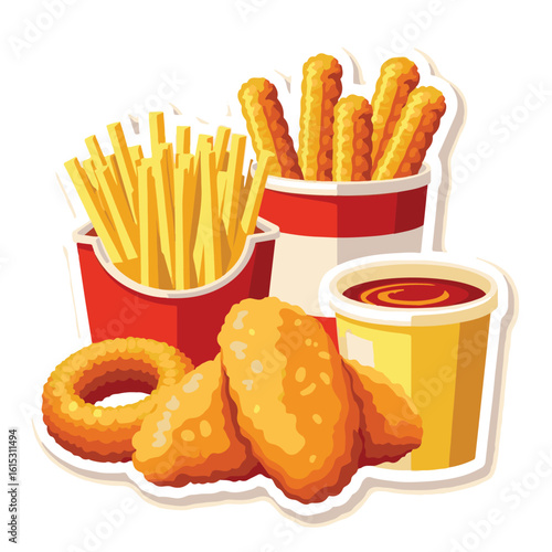 Vector Stickers of Fried Chicken, Nuggets, Fries, Onion Rings and Dipping Sauce ? Fast Food Icons (4).eps