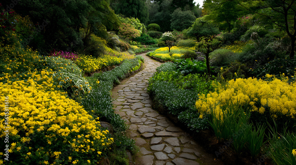 Obraz premium A winding stone pathway meanders through a lush garden filled with vibrant yellow flowers and verdant foliage, creating a serene and inviting scene.