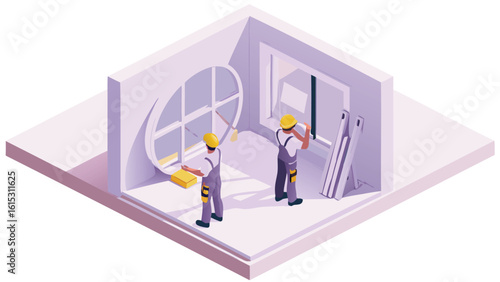 Isometric view of two workers installing windows in a room with a ladder present in the scene