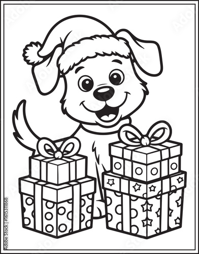 Christmas dog wearing santa's hat with gift boxes black vector outline illustration for children coloring page or book design 