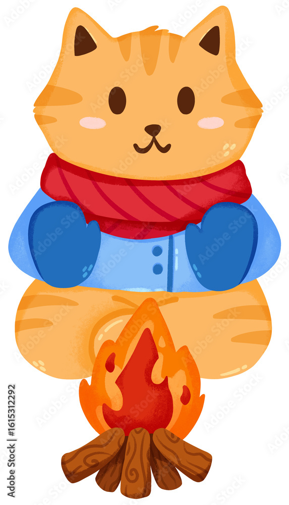 Fototapeta premium Cat and firewood illustration. Hand drawn winter clip art
