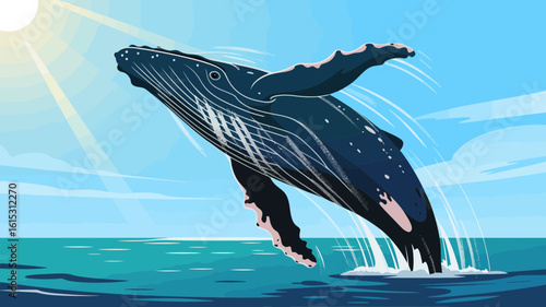 Majestic whale breaching ocean waters under bright sun jumping