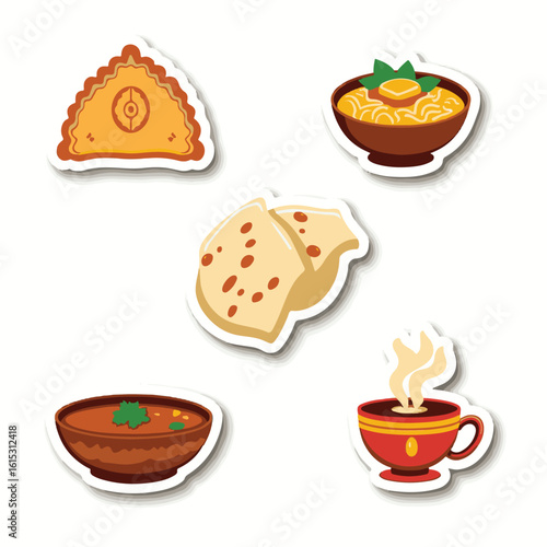 Vector Stickers of Samosa, Biryani, Naan, Curry and Masala Chai ? Indian Food Icons (2).eps