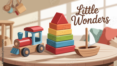 Colorful wooden toys on a table train stacking