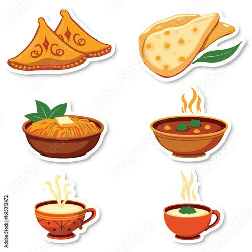 Vector Stickers of Samosa, Biryani, Naan, Curry and Masala Chai ? Indian Food Icons (4).eps