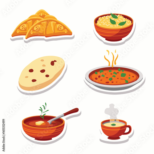 Vector Stickers of Samosa, Biryani, Naan, Curry and Masala Chai ? Indian Food Icons (1).eps