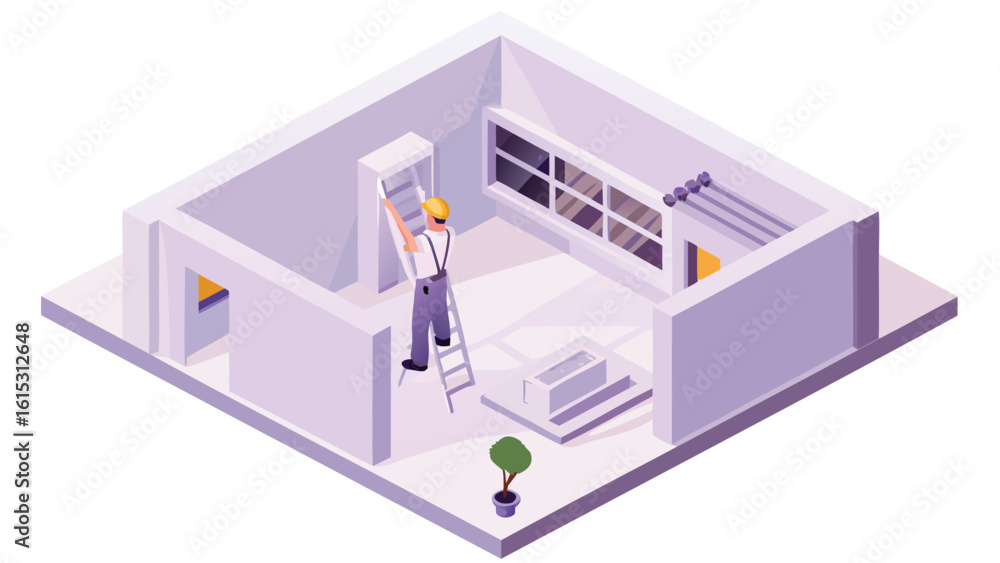 Fototapeta premium Isometric view of a worker on a ladder installing a cabinet in an empty room with windows and a plant