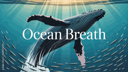 Majestic humpback whale swimming with school of fish ocean underwater