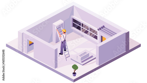 Isometric view of a worker on a ladder installing a cabinet in an empty room with windows and a plant