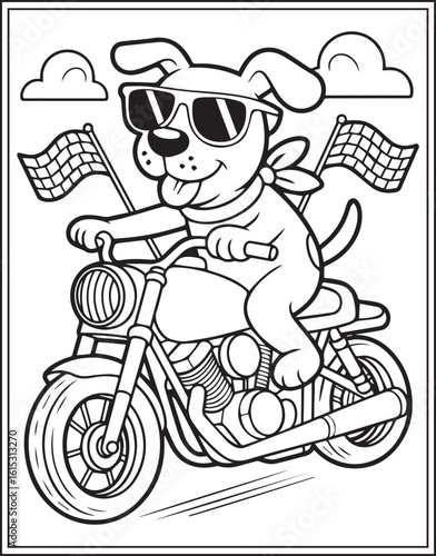 Rider dog wearing sunglass and riding motorcycle black vector outline illustration for children coloring page or book design 