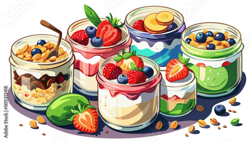 healthy breakfast options, healthy yogurt parfaits with granola and berries on a wooden table in a bright, contemporary kitchen