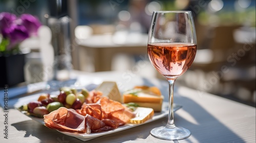 Pink Rose Wine with Cheese and Charcuterie Board on Sunny Patio