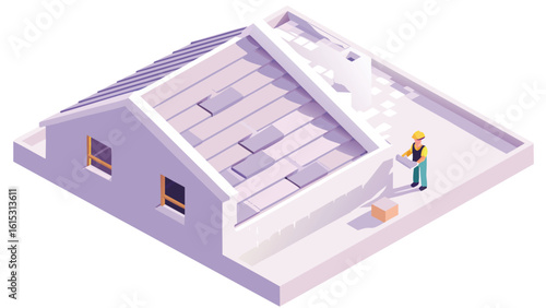 Isometric view of a house under construction with a worker on the roof tiling the surface area