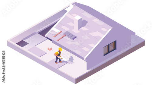 Isometric view of a construction worker repairing a roof with missing shingles on a house structure