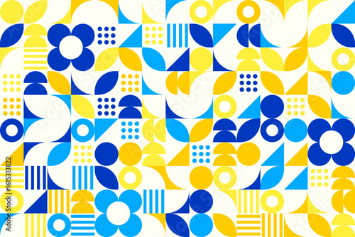 Abstract geometric background, brutalism bauhaus style elements in random order, different colors, seamless vector geo bg pattern, simple flat geometry shapes wallpaper, fabric, creative web projects