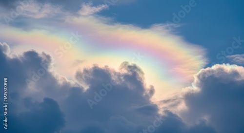 Cloud iridescence shows pastel rainbow above soft gray billows against bright blue sky backdrop