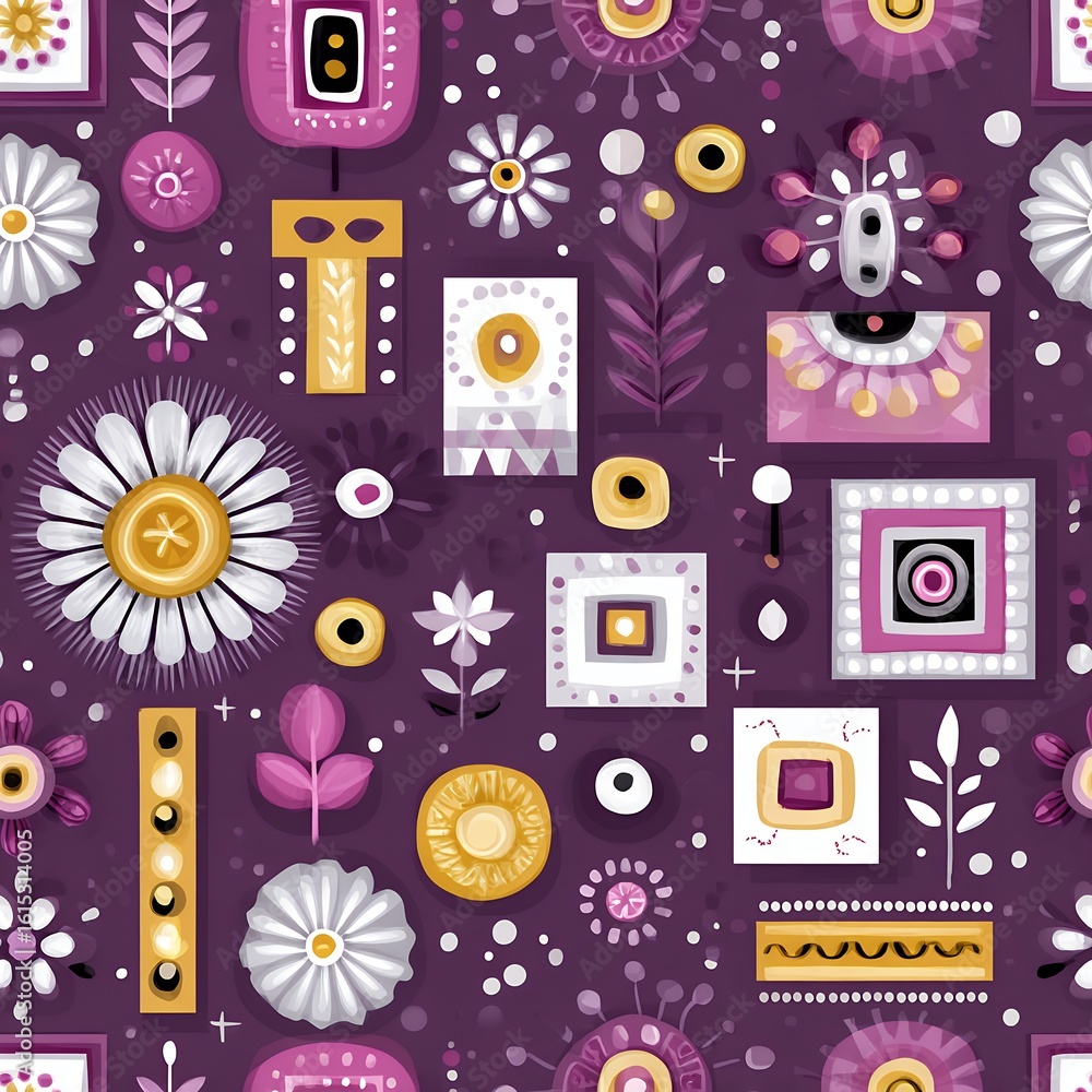 Obraz premium Purple Geometric Floral Seamless Pattern with Abstract Shapes and Flowers