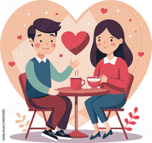 Smiling couple seeing each other and sitting in cafe with heart shaped background. Happy marriage and relationship. National First Love Day