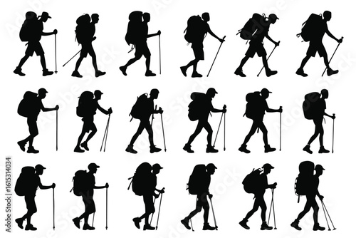 Silhouette set of hikers with backpacks and trekking poles in various poses