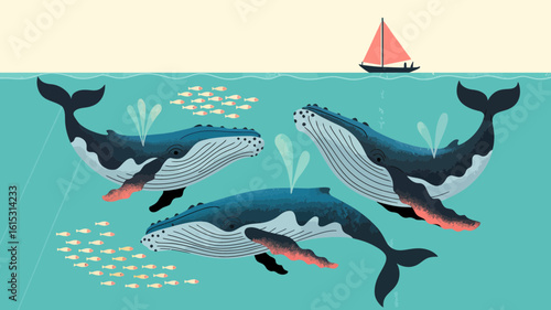 Three Whales Swimming With Fish And Sailboat ocean water