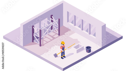 Isometric view of a construction worker sweeping a room with scaffolding and window openings visible