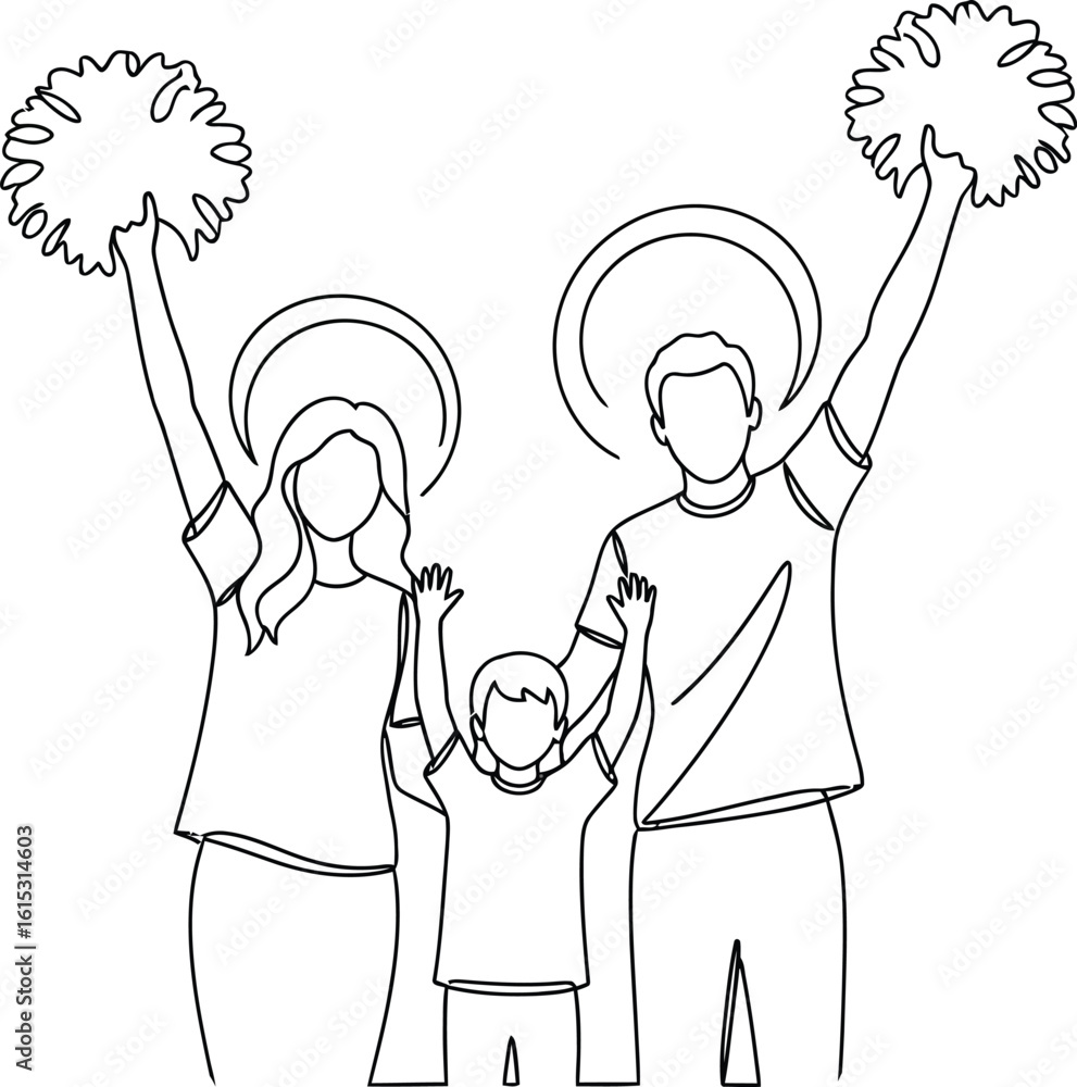 Fototapeta premium Continuous line drawing of happy family cheering with pom poms design vector graphic