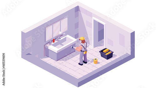 Isometric view of a bathroom with a worker repairing the sink and a toolbox with tools inside it
