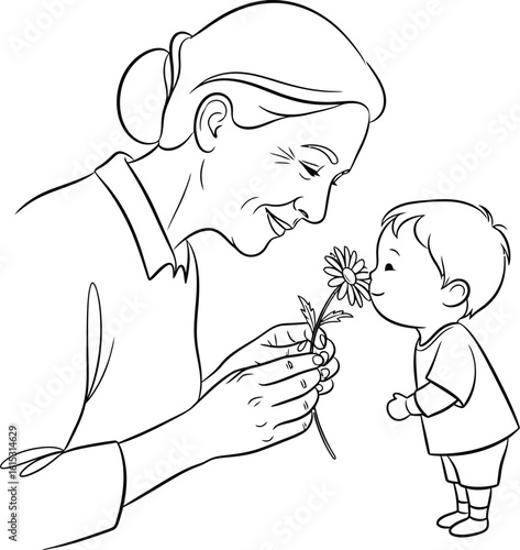 Grandmother and child smelling flower line art vector illustration design art