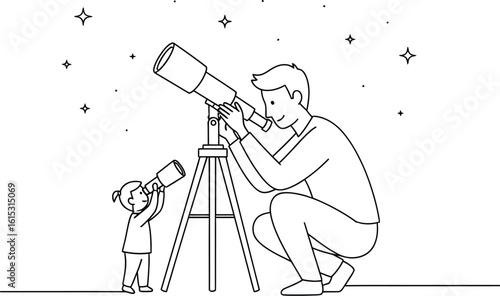 Father and daughter stargazing with telescope vector illustration design art