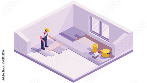 Isometric view of a worker laying floor tiles in a room with a window and painting supplies visible
