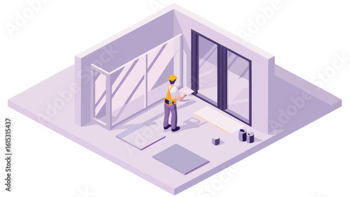 Isometric view of a construction worker installing glass panels in a modern interior space project