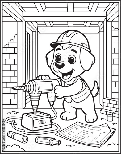 Worker dog working with drill machine in the building black vector outline illustration for children coloring page or book design 
