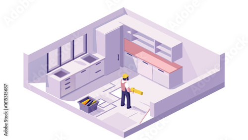 Isometric view of kitchen renovation with worker installing floor and cabinets in a modern style room