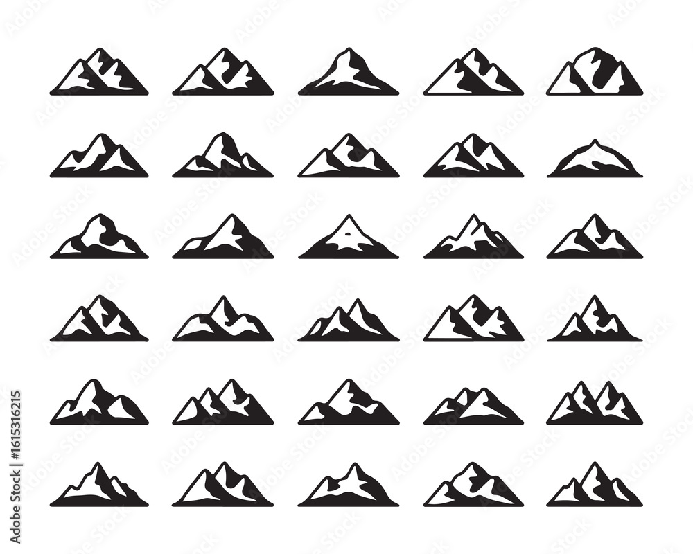 A collection of twenty four mountain icons arranged in a grid pattern on a white background A collection of twenty four mountain icons arranged in a grid pattern on a white background