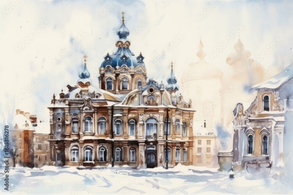 Obraz premium Watercolor illustration of an Orthodox church in a winter city. 