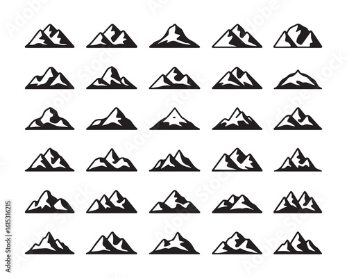 A collection of twenty four mountain icons arranged in a grid pattern on a white background