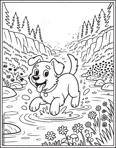Cute dog running on water in natural scene black vector outline illustration for children coloring page or book design 