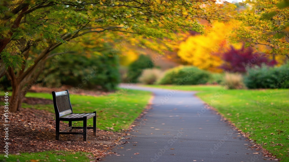 Fototapeta premium Serene autumn park scene featuring a solitary bench along a winding path surrounded by colorful foliage