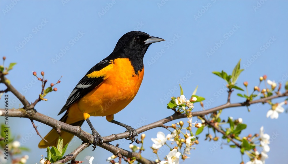 Fototapeta premium A vibrant orange and black bird perched on a blossoming tree branch against a clear blue sky